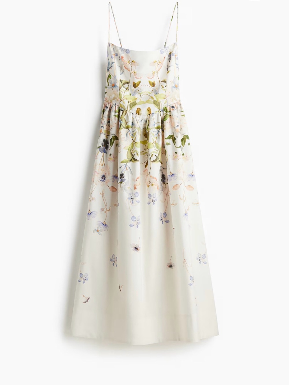 H&M Cream Floral Midi Dress with Green and Light Purple Print